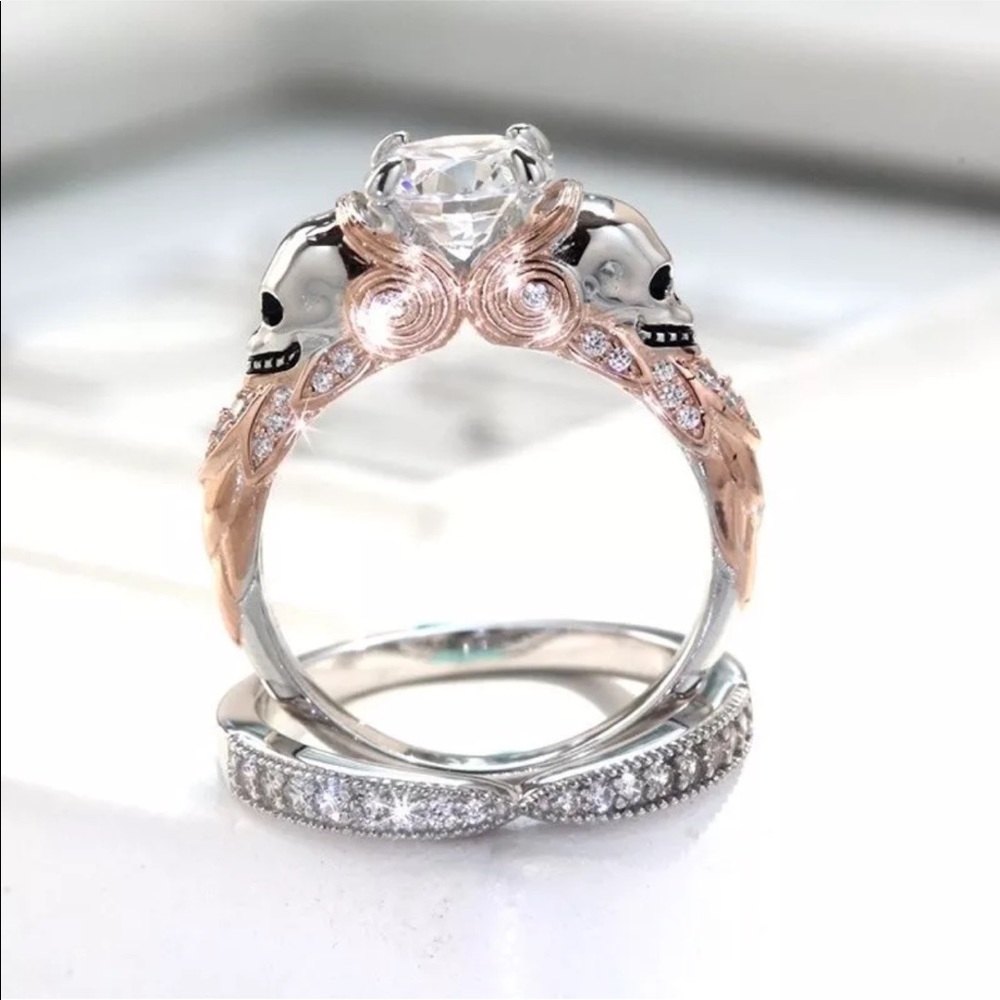 14k white gold skull wedding engagement ring band - Picture 2 of 8